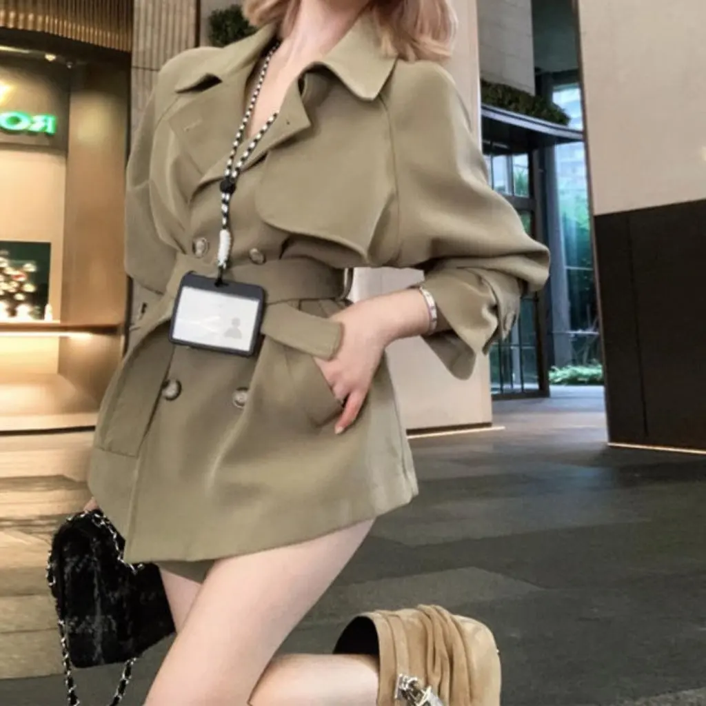 

Elegant Women's Lapel Long Sleeve Coat Spring Fashion Tight Waist Strap Mid-Length Casual Cardigan Top