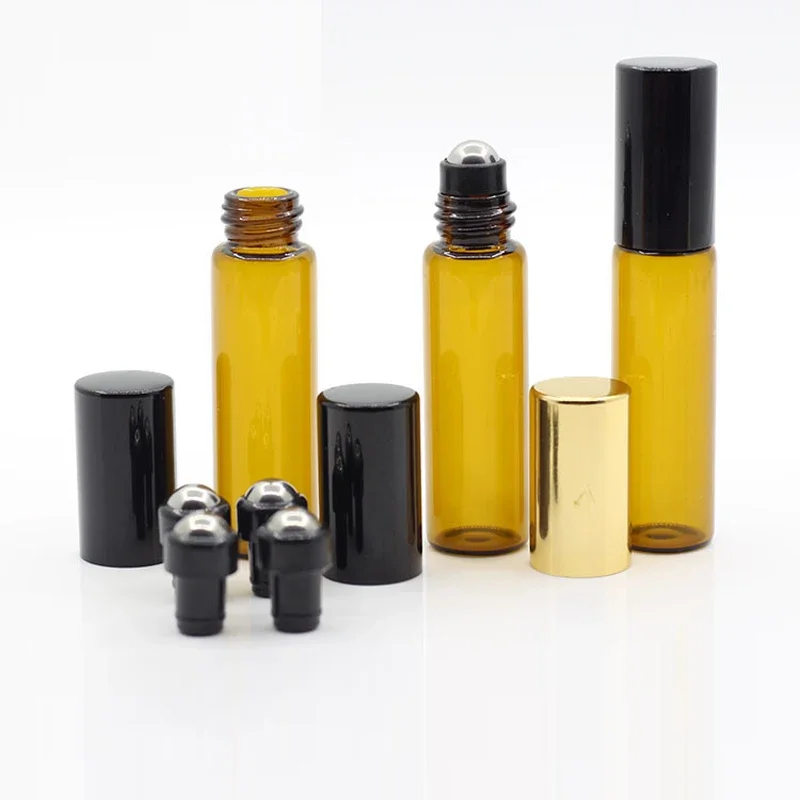 30PCS Amber Empty Essential Oil Glass Bottle 1ml-10ml Refillable Perfume Roller Ball Portable Home Travel Liquid Container Tools