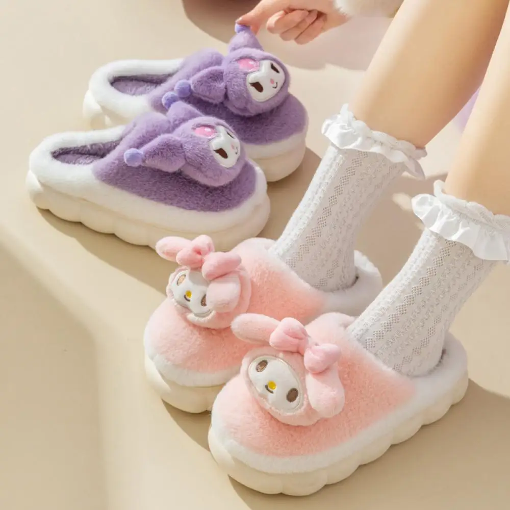 

Winter Sanrio Carton Girls' Slippers Kawaii Kuromi My Melody Cinnamoroll Plush Slippers Cute Doll Warm Cotton Shoes Floor Shoes