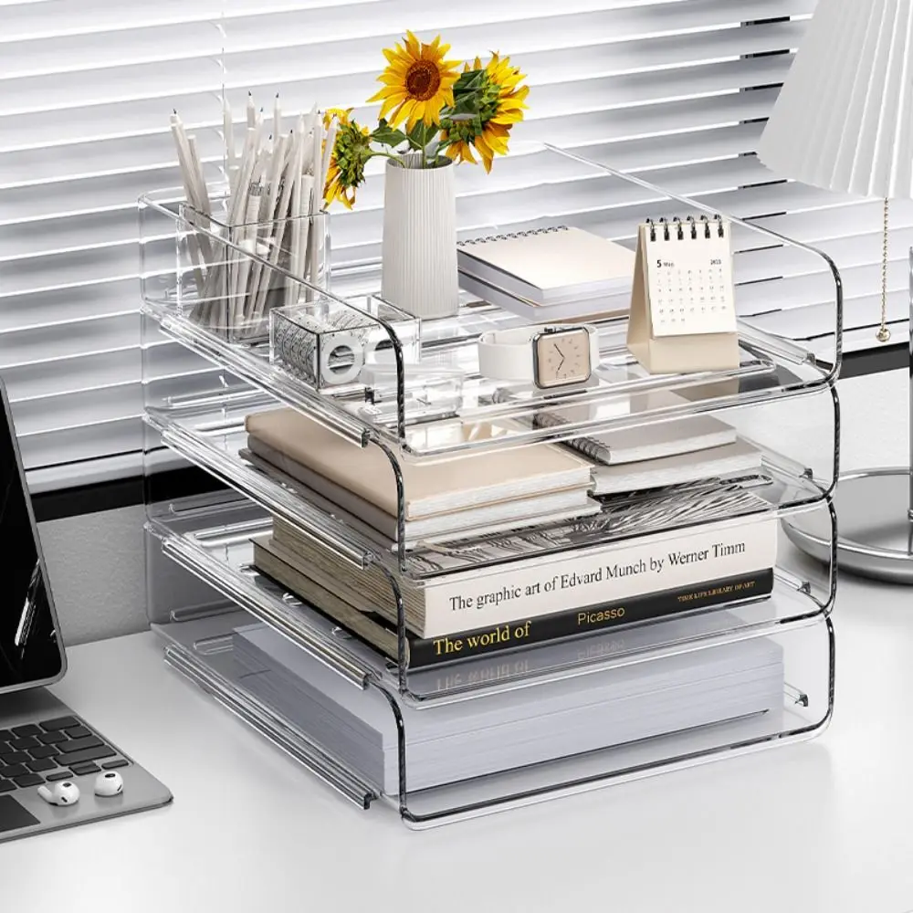 Transparent Desktop File Tray Stackable Large Capacity Stationery Book Storage Rack A4 Document Paper Organizer Home Office