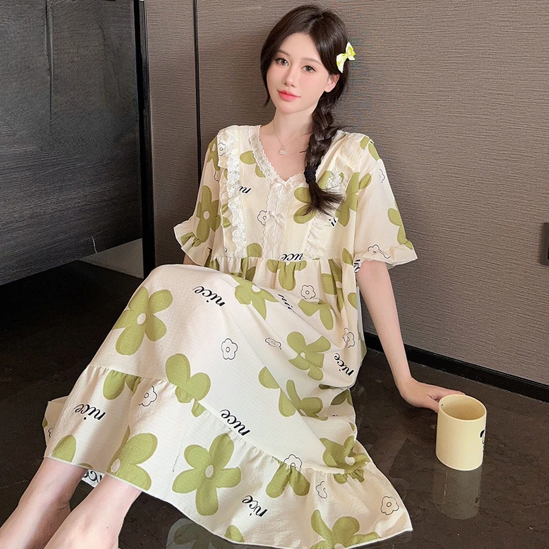 Summer Print Nightgowns Women M-6XL Sweet Ruffles Design Home Aesthetic Sleepwear Girlish Ulzzang All-match Breathable Ins Mujer