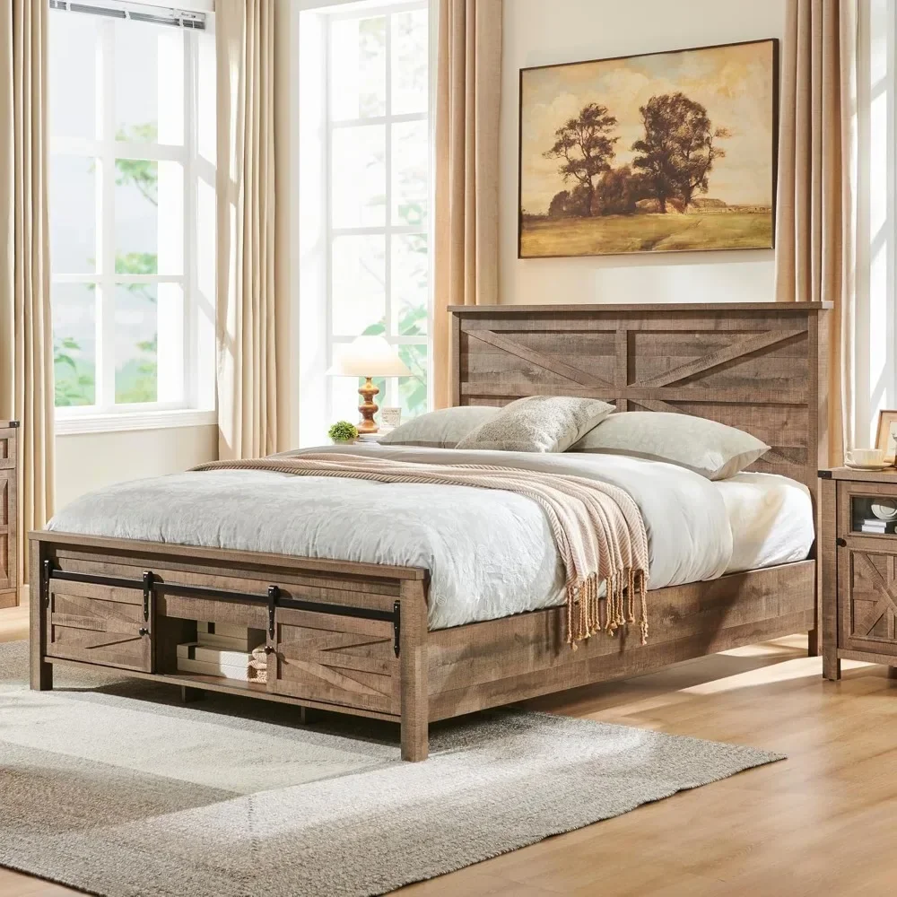 Farmhouse Wood Bed Frame King Size with Sliding Barn Door Storage Cabinets and Headboard, Solid Wood Slats Support