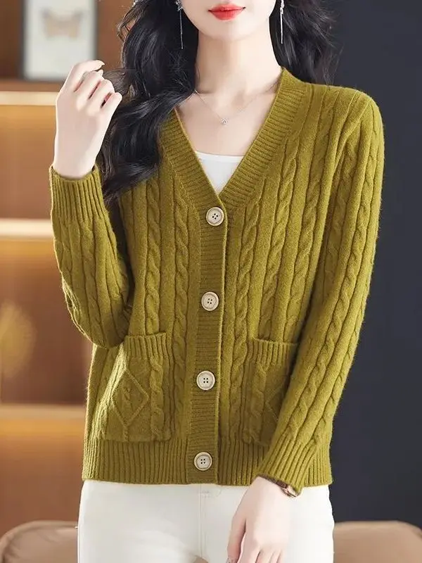 Cárdigan Corto Hoado de Punto con Cuello en V para Primavera y Otoño, Chaqueta de Suéter con Botón Único a la Moda para Muj...