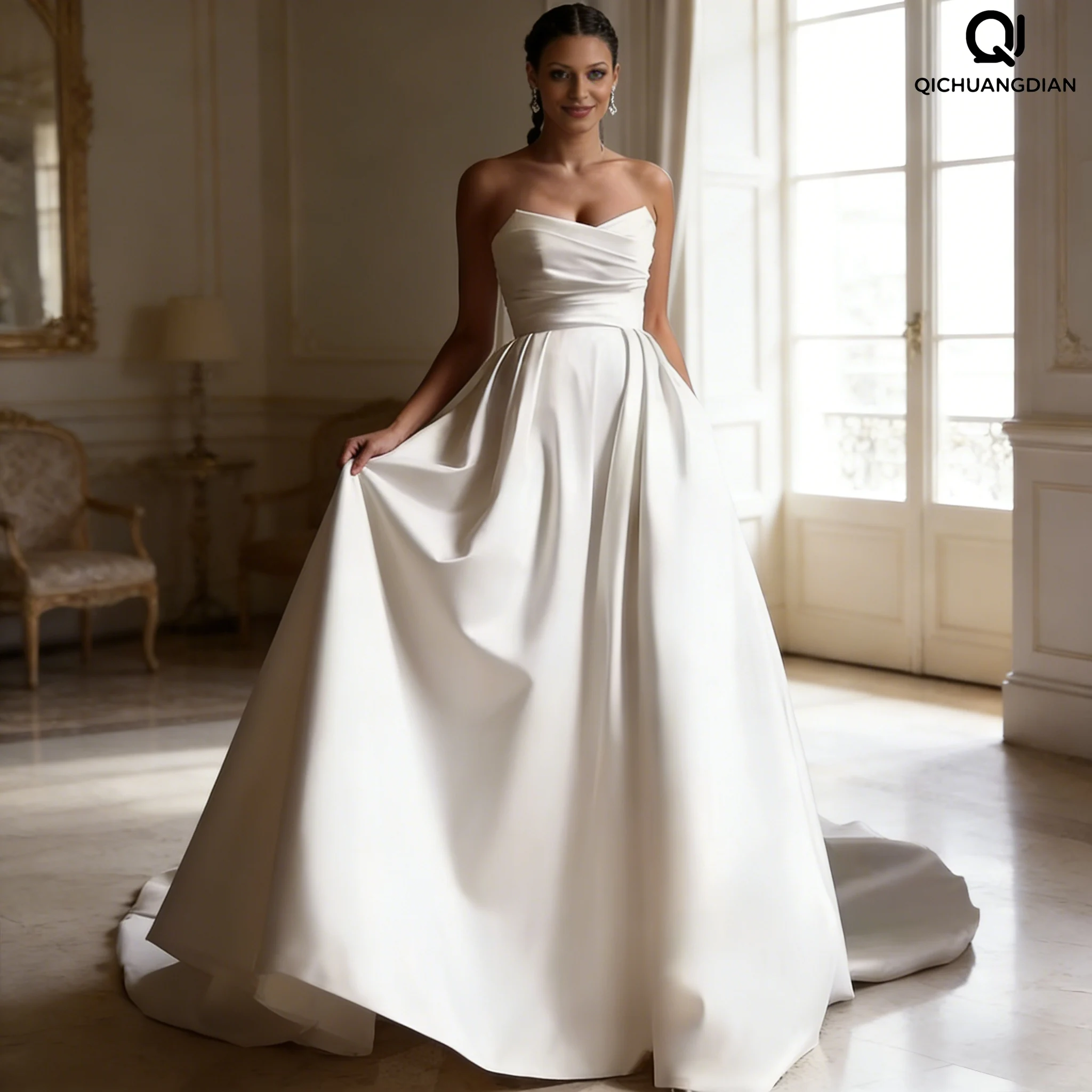 

Customized Simple A-Line Satin Zipper Wedding Gown For Women Strapless Pleat Wedding Dress Party Bride Dress Rode De Morrie