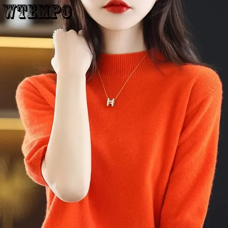 WTEMPO Knitted T-shirt Spring Summer Women\'s Half High Neck Knitwear Pullover Short Sleeve Slim Knit Tops Jumpers Sweater