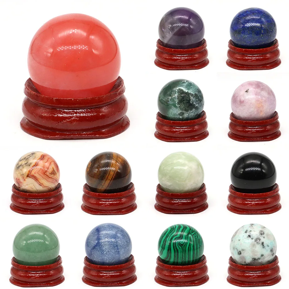 

25mm Natural Gem Stone Ball with Wood Stand Reiki Healing Quartz Crystal Sphere for Feng Shui Divination Home Decoration