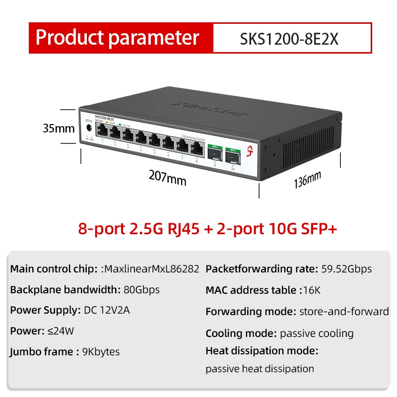 XikeStor 2.5G Unmanaged Switch 8 Ports 2.5G RJ45  2 Ports 10G SFP+ Ethernet Switch Plug & Play 10-Port Internet Splitter Fanless