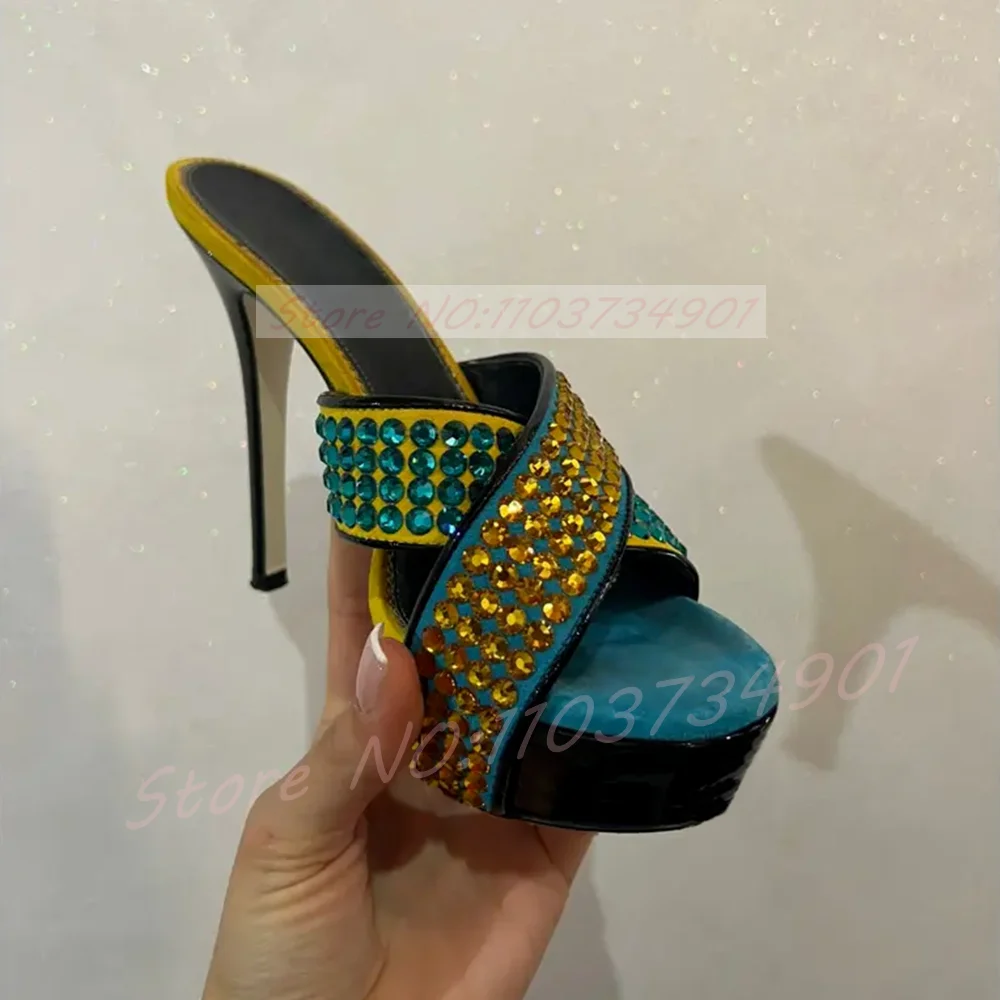 Crystals Cross Strap Multicolor Platform Mules Women Blue Suede Sexy Stiletto Heels Mules Female Night Party Catwalk Shoes