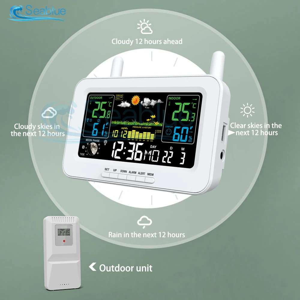 Hygrometer Calendar Indoor and Outdoor Wireless Thermometer Color Screen Weather Forecast Weather Radio Clock USB Port Charging