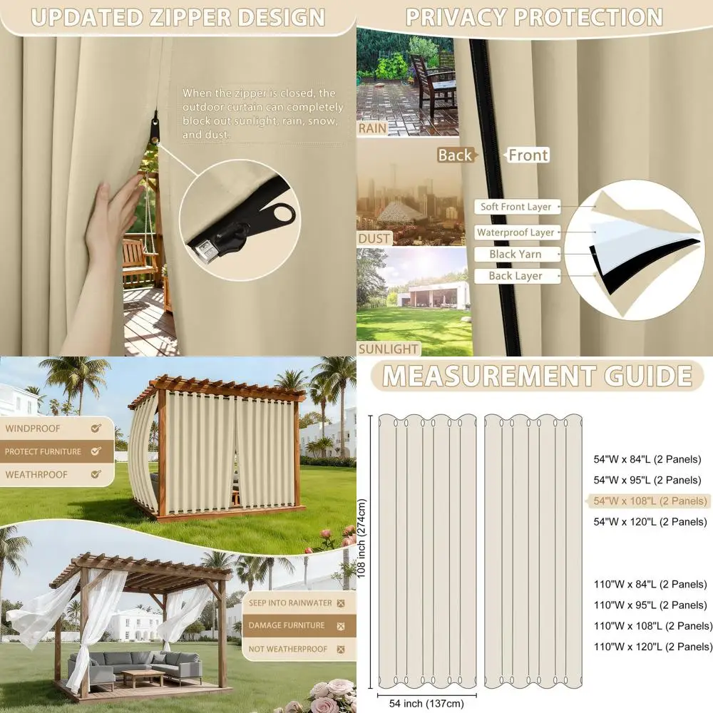 

Cream Outdoor Patio Curtains with Zipper and Grommet, 54x108, Thermal Privacy, Waterproof for Gazebo, Pergola, Backyard