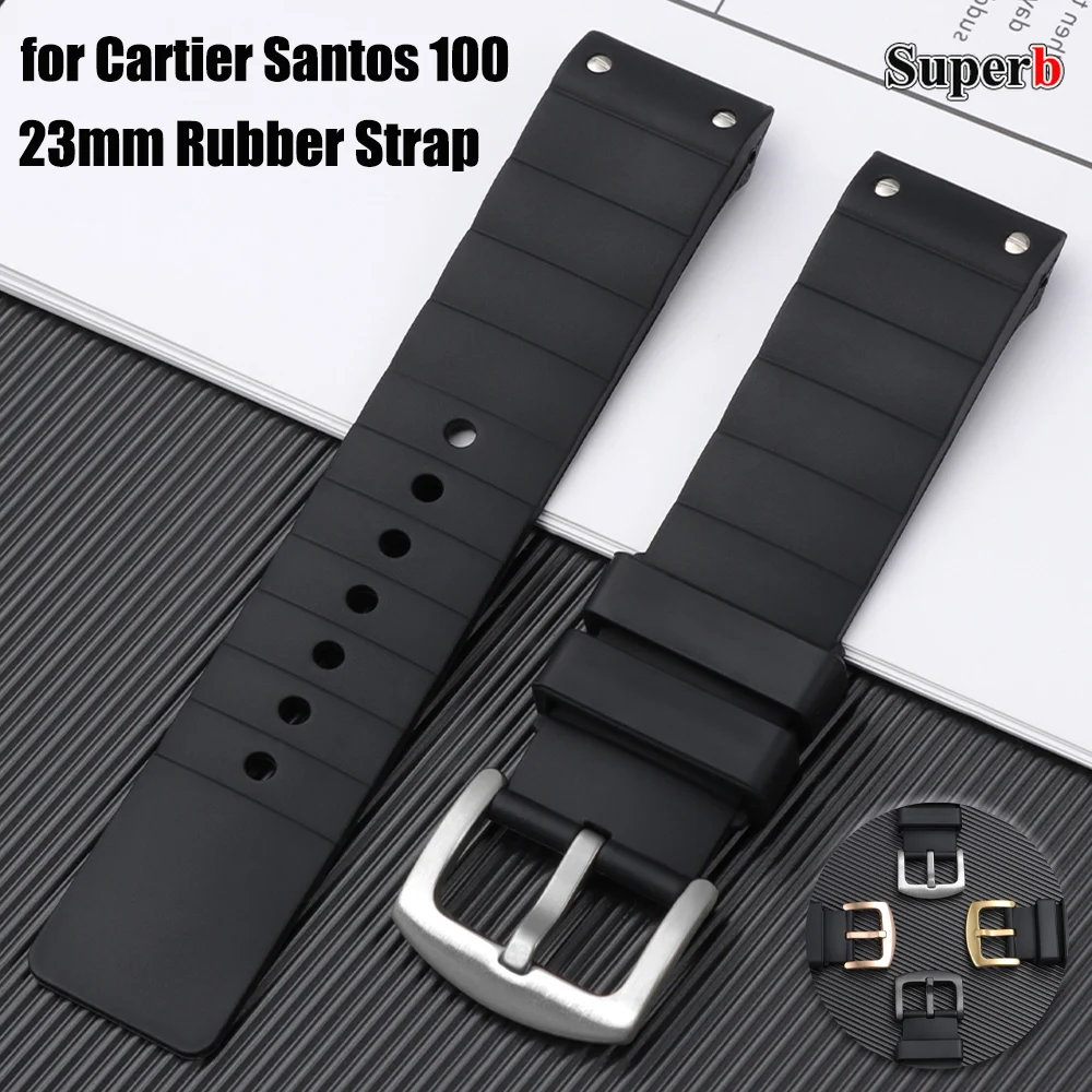23mm for Cartier Santos 100 High Quality Business Watch Band Rubber Black Watch Strap Men Women Silicone Accessories Bracelet