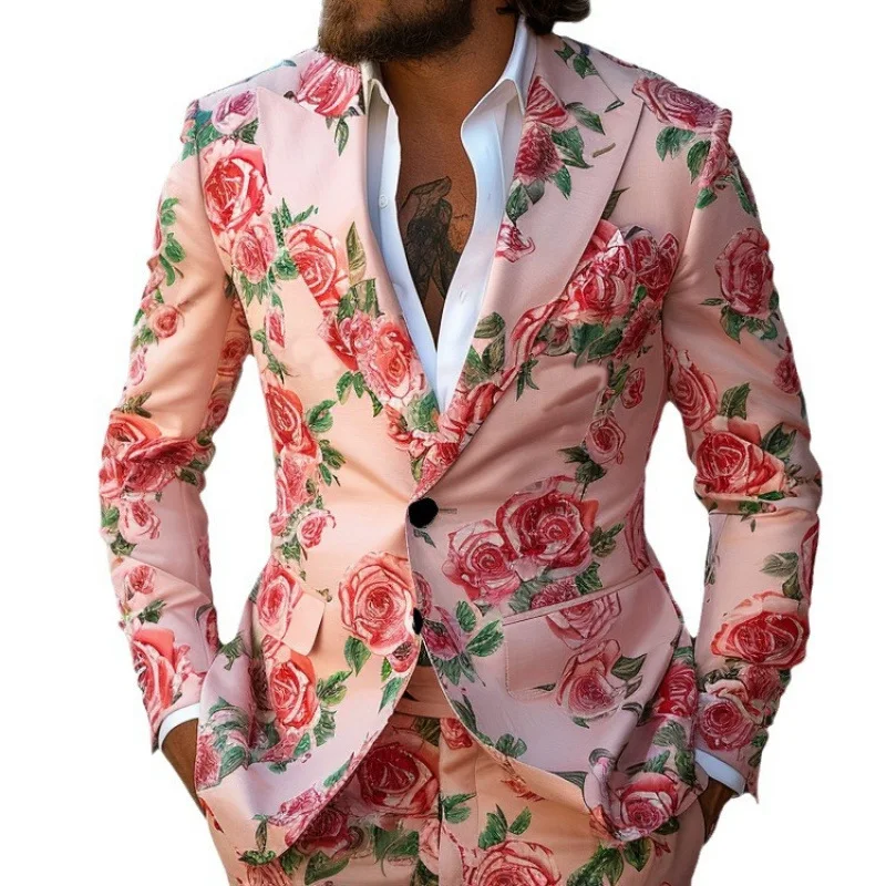 

Mens 2 Piece Suit Rose Flowers Pattern Print Coat Top Two Buttons Casual Nightclub Fashion Slim Fit Suit No Slit No Tie