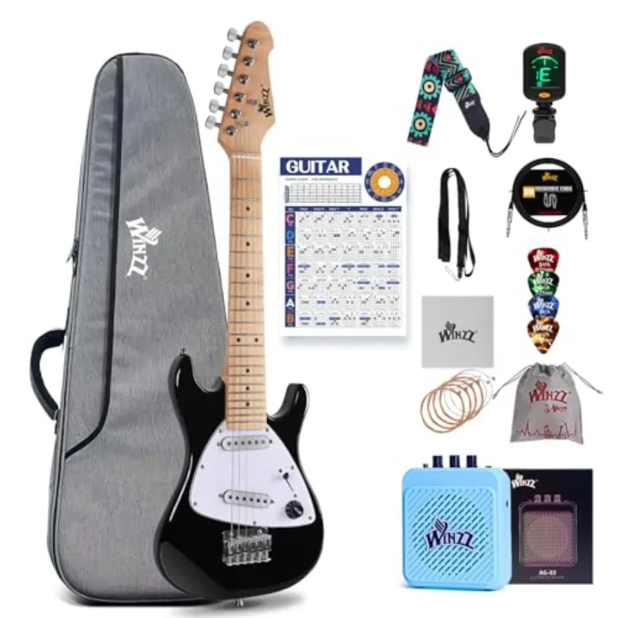 30 Inch Electric Guitar Beginner Kit for:1/4 Size Mini Electric Guitar with Amp, Glossy Black Finish, Lightweight Design for Ea