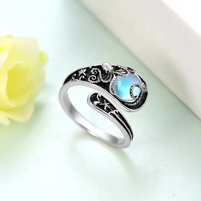 S925 sterling silver ring moonstone retro Thai silver printing adjustable open ring women