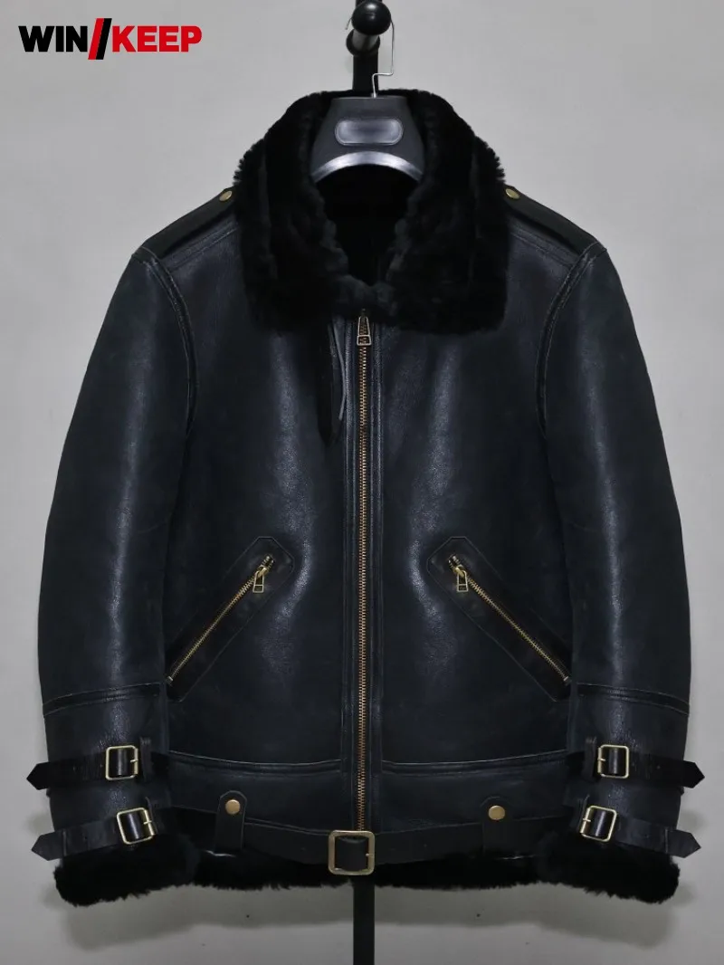 

Mens Winter Real Fur Jacket Sheepskin Genuine Leather Wool Lining Thick Warm Motor Biker Coat Natural Shearling Overcoat M-6XL