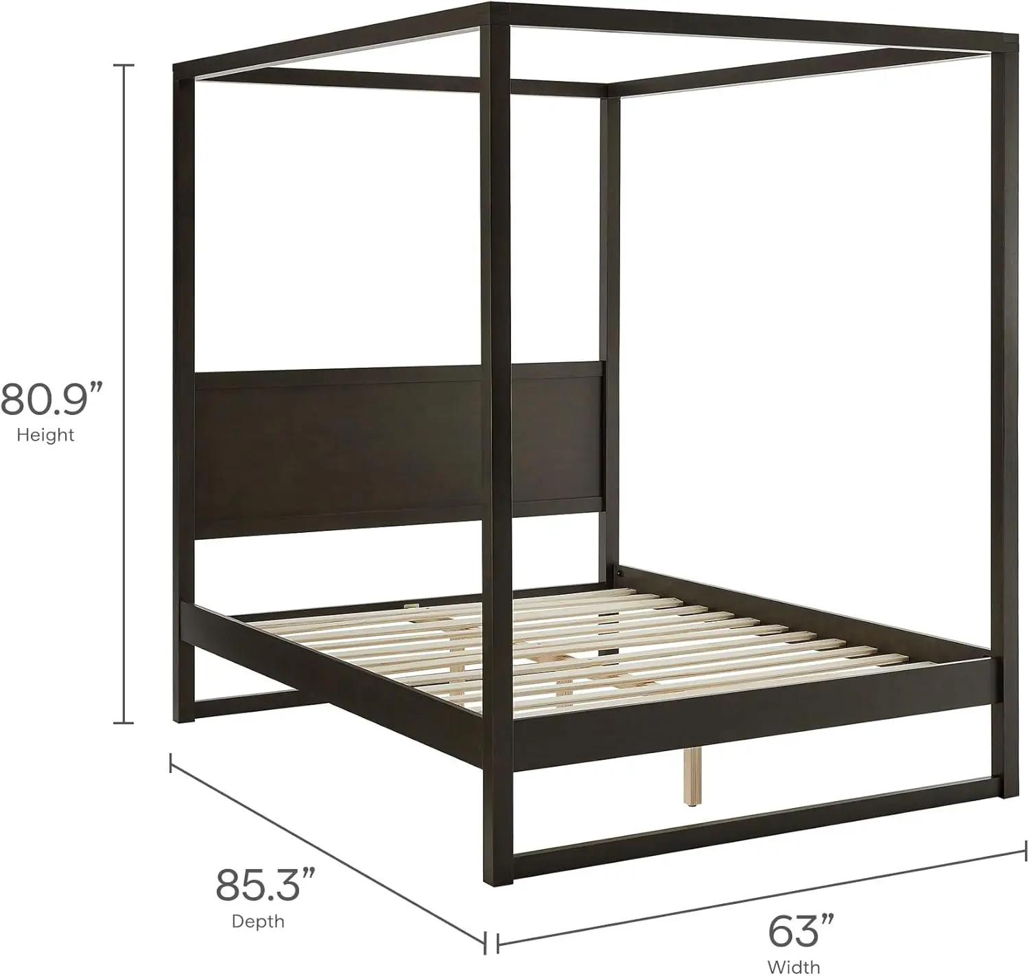 سرير بمظلة بمنصة خشبية مكون من 4 أعمدة من خشب البلوط المدخن مع لوح أمامي وإطار من الخشب المطاطي الصلب
