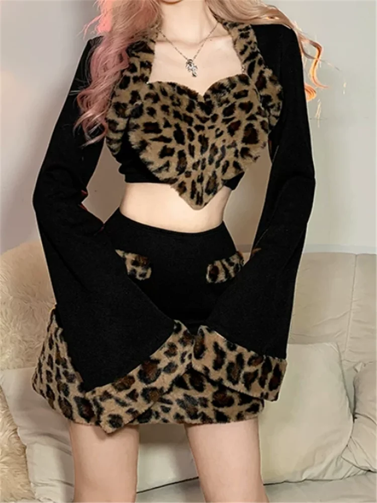 Hot Girl Leopard Print Plush 2 Pieces Dress Suits 2026 New Fall Long Sleeve Heart Shirt Top&High Waist Pencil Mini Skirt Sets