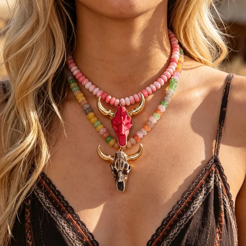 Natural Stone Beaded Necklace with Bull Head Pendant (Color Selected at Random)