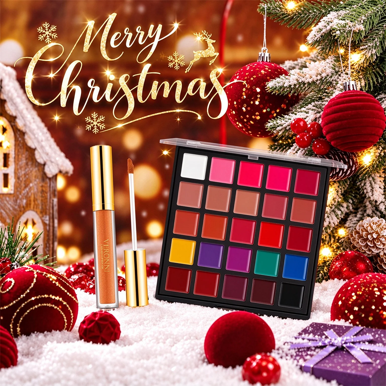 25 Colors Lipstick Palette Orange Diamond Lip Gloss Set Matte Velvet Gold Pearl Shimmer Red Gold Contrast Christmas Gift Box