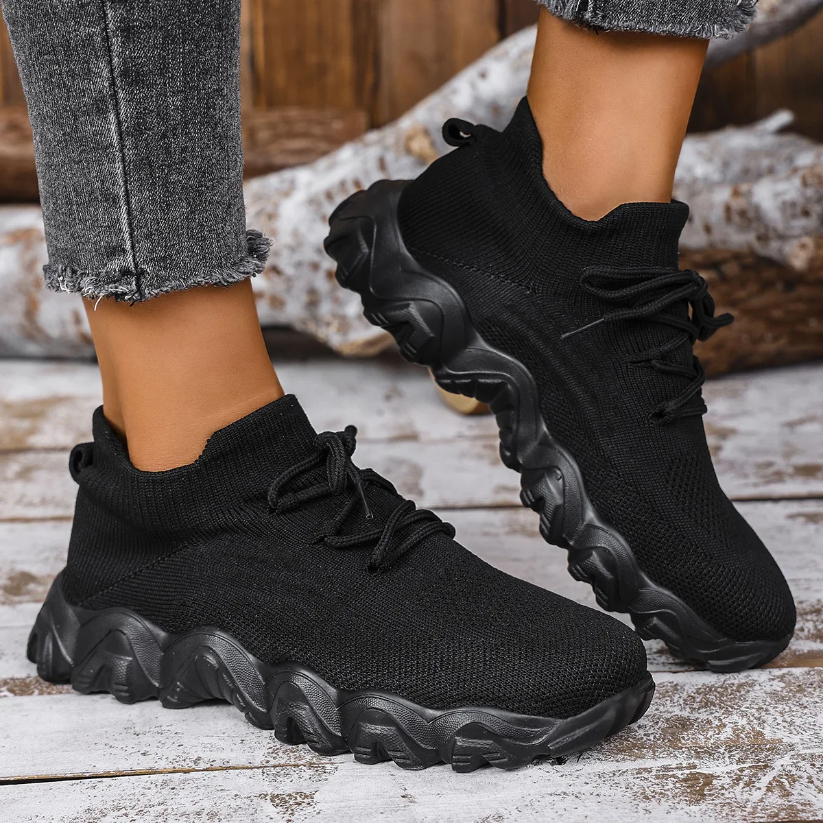 Shoes Women's Heels Sneakers Neon Platform Tennis Female Socks Pinkies Fabric Thick Sole Trainers 2024 Casual Leisure Riband Med