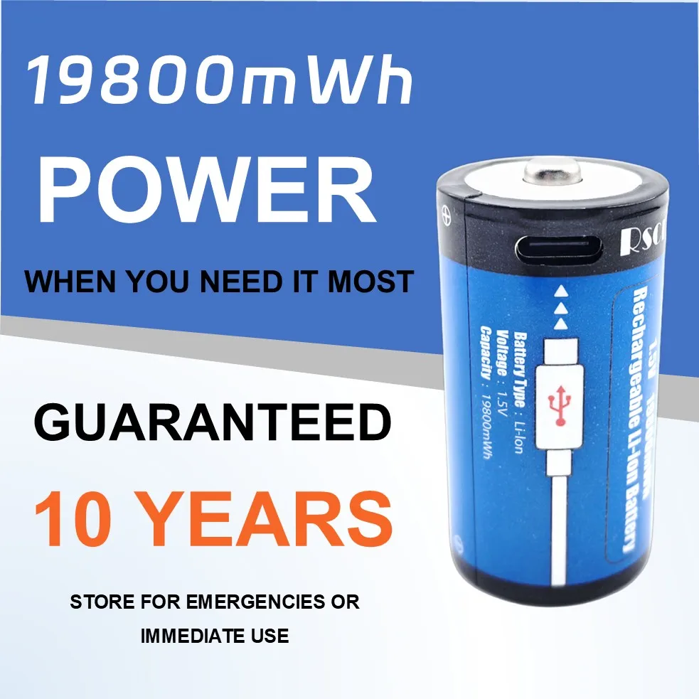 USB-C Rechargeable C Batteries, 19800mWh 1.5V C Batteries, Fast Charging 2 Hours, Replace LR14 Battery for Speakers & Doorbells