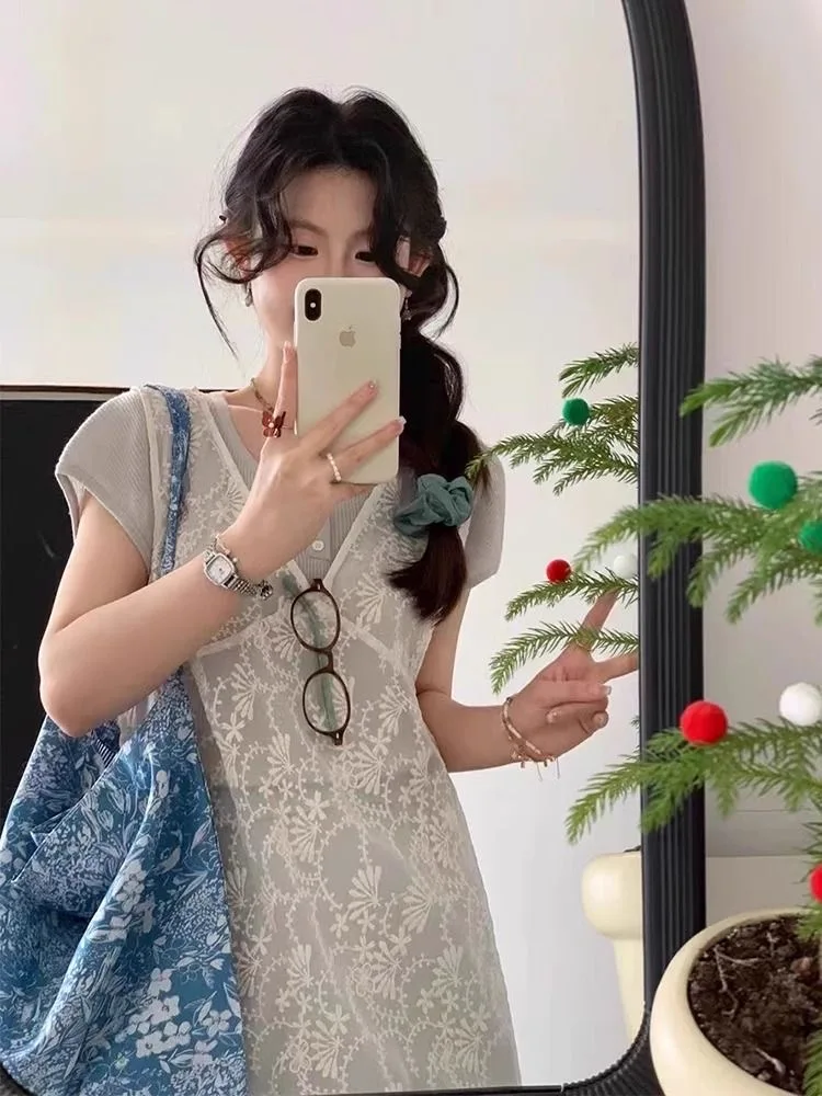 Sukienka mini z krótkim rękawem, beżowa, w stylu boho, z dekoltem w serek, przezroczysta, z organzy i koronki, idealna na wiosnę i lato.