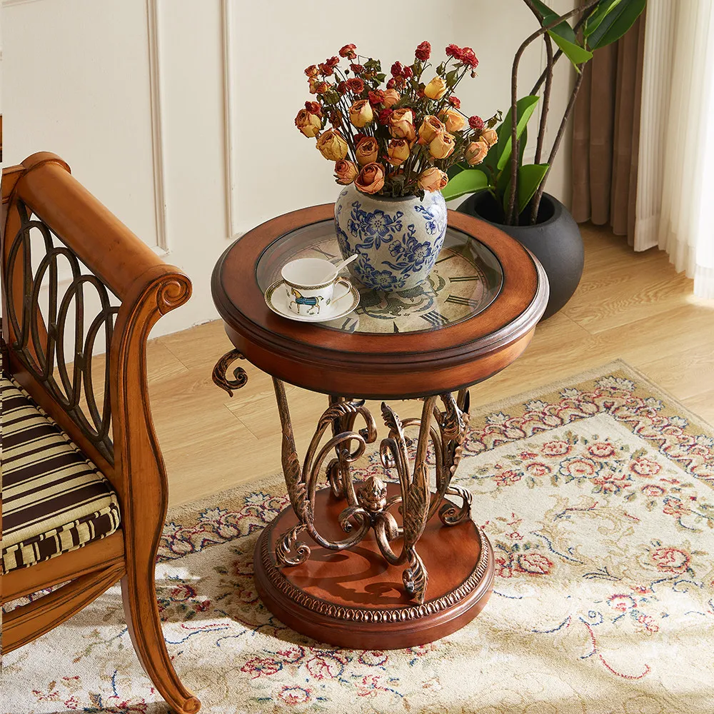 Caramel color American sofa edge few European solid wood small round table painted corner few metal retro coffee table