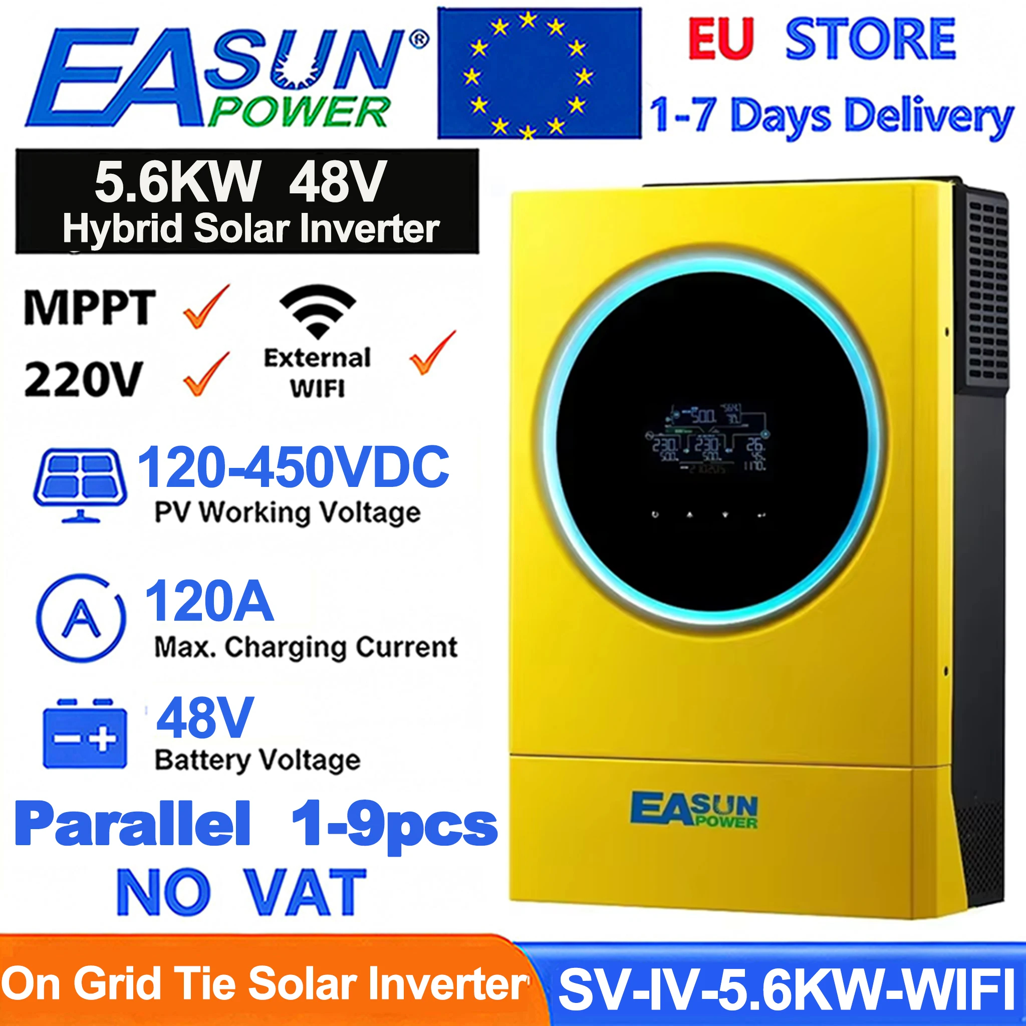 EASUN POWER 5,6KW Hybrid-Solarwechselrichter 48V 230VAC 120A MPPT-Solarladegerät PV-Eingang 6000W Netzgekoppelter Solarwechselrichter mit WLAN