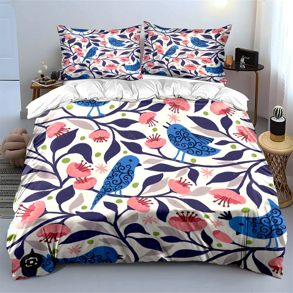 Blue birds and pink flowers Pattern Duvet Cover Set Digital Print Colorful Polyester Bedding with Zipper Closur for kids gifts 3