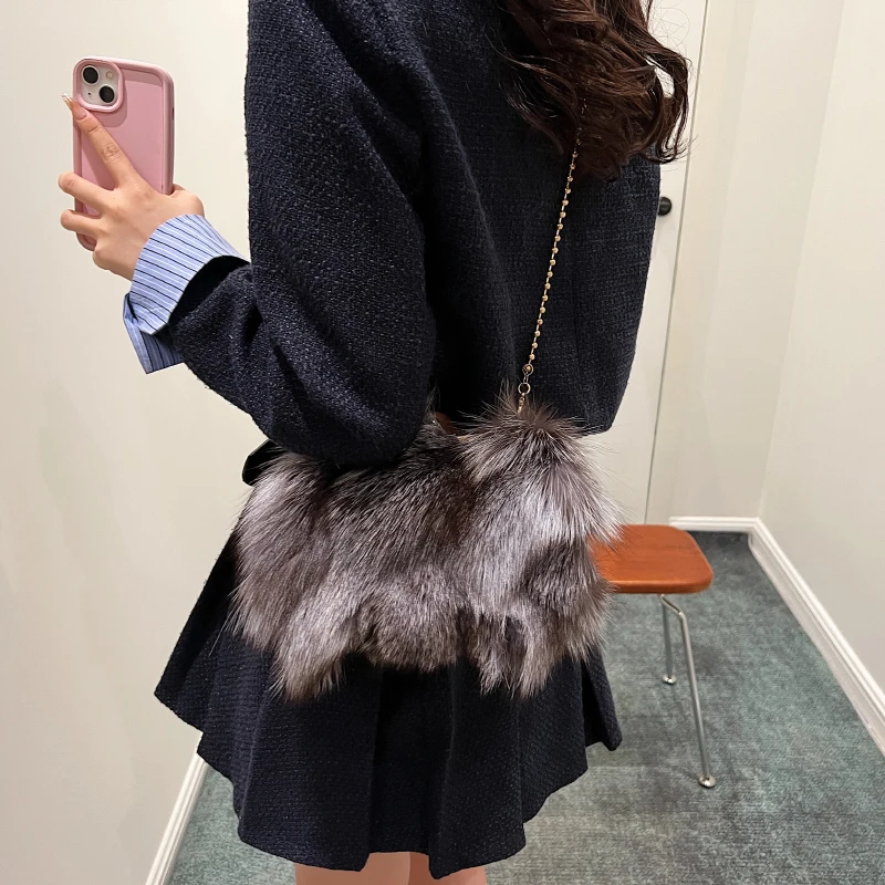 MOODS Soft Plush Evening Bags For Elegant Women Fox Fur Dinner Party Clutch Chain Crossbody Winter Warm Luxury Designer Handbags