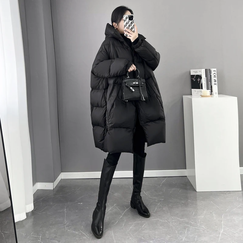 Black Women Bread Down Jacket 2023 Winter New Fashion Hooded Thicken White duck down Coat Loose Casual Female Parkas Overcoat