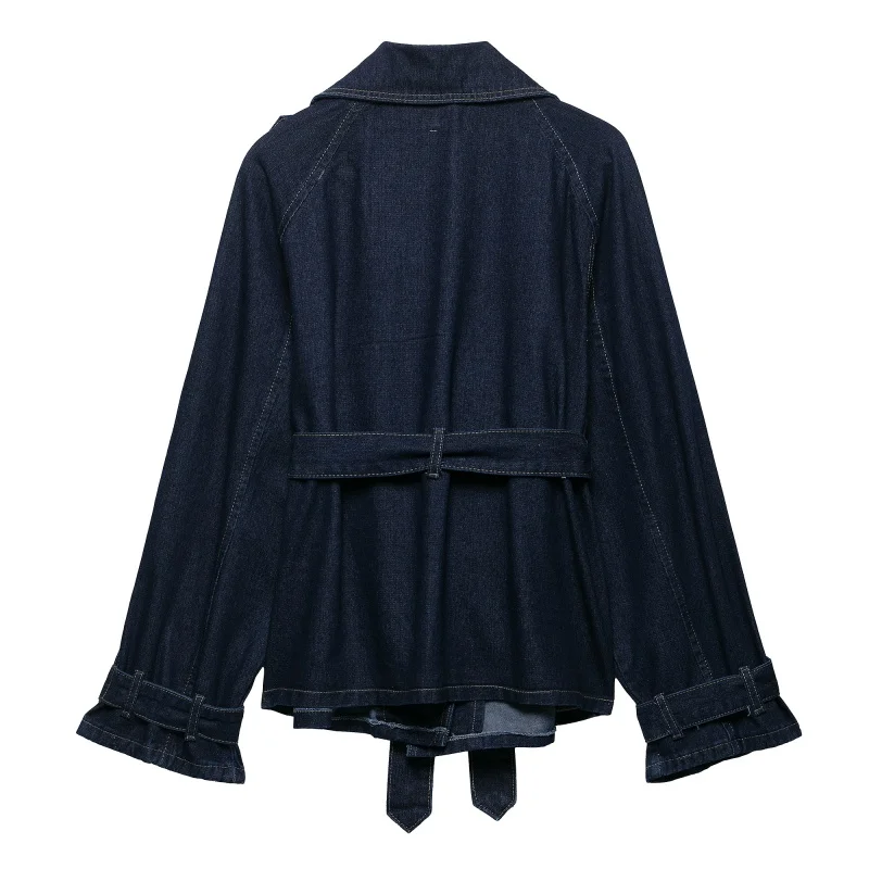 ผู้หญิงลําลอง DENIM Trench แจ็คเก็ตเข็มขัดแขนยาวฤดูร้อนฤดูใบไม้ร่วงหญิง Outerwear Chic Overcoat