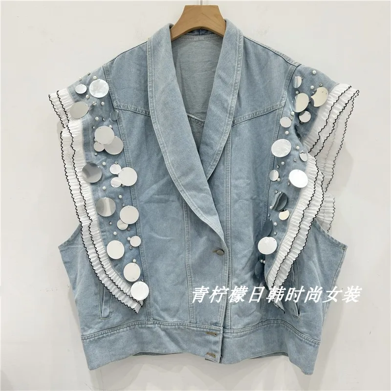 Veste en jean bleu délavé pour femme, manteau cardigan, broderie à paillettes, couture à volants, perles de dentelle, tout match, vêtements pour femmes, 2024