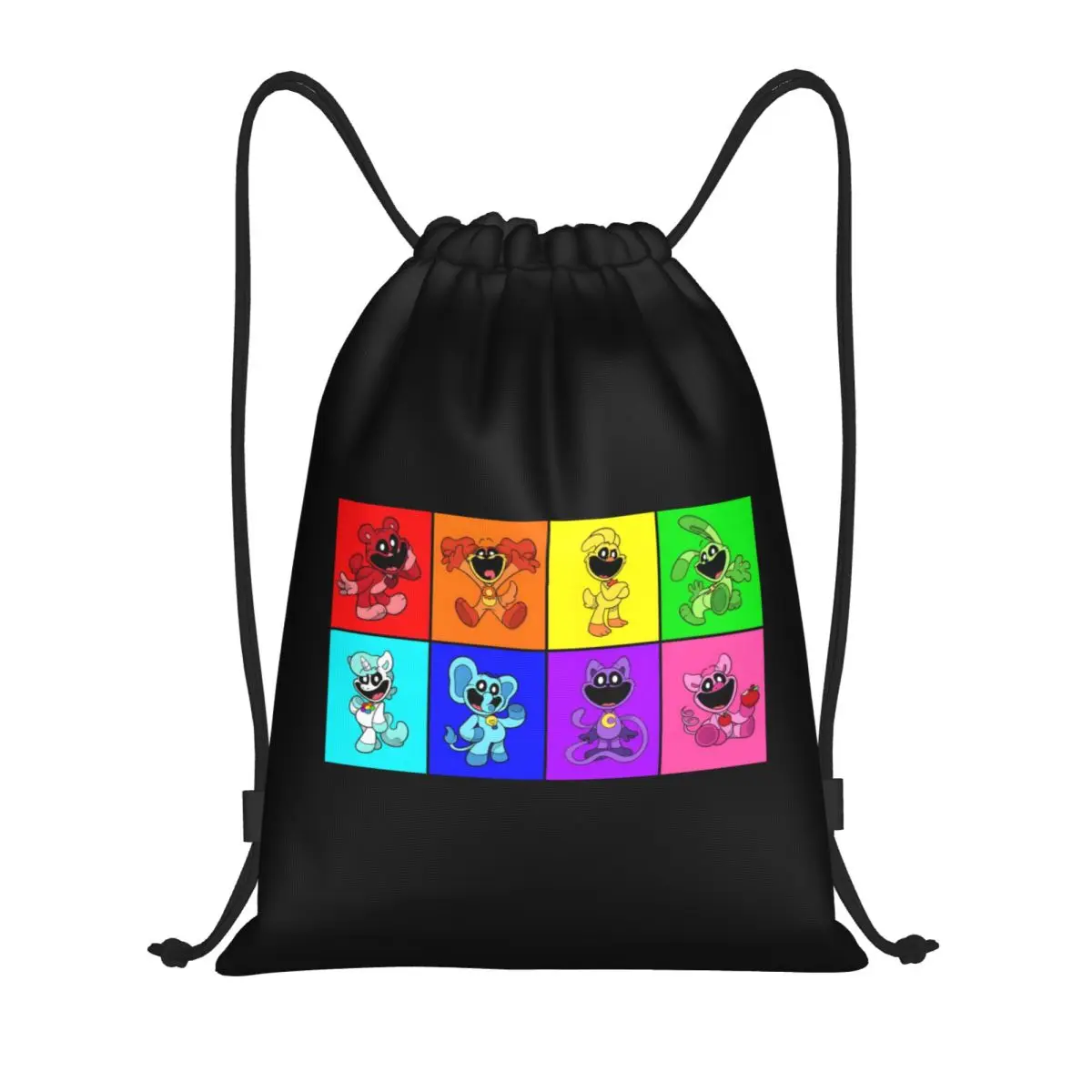 Custom Colorful Smiling Big Mouth Critters Group Drawstring Bag for Training Yoga Backpacks Scarry Animated Game Gym Sackpack