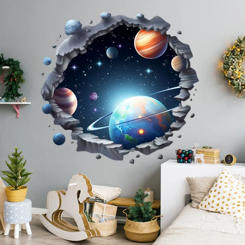 3D Universe Solar System Planets Broken Wall Sticker Cosmic Space Planet Wallpaper for Kids Room Boys Bedroom Wall Decoration