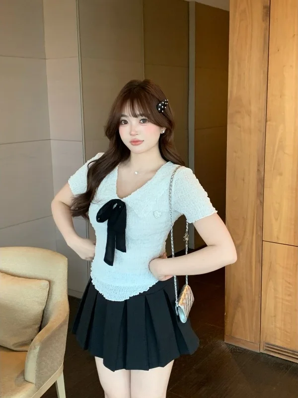 

Летний комплект для девочек: эластичная футболка с милым бантом и плиссированная юбка, модный дизайн, полиэстер, короткий рукав, воротник-кукла.