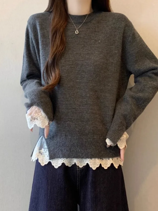 

Gray Lace Hem Knitted Sweater Women's Base Shirt Spring 2026 New Style plus Size Inner Wear Fake Two-Piece Top