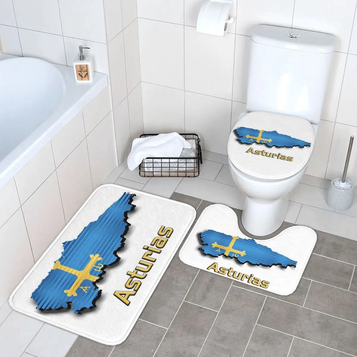 

Флаг Астурия, 3-х шт., коврик для ванной, набор для ванной комнаты, крышка для унитаза, домашний декор, нескользящий ковер, напольный коврик