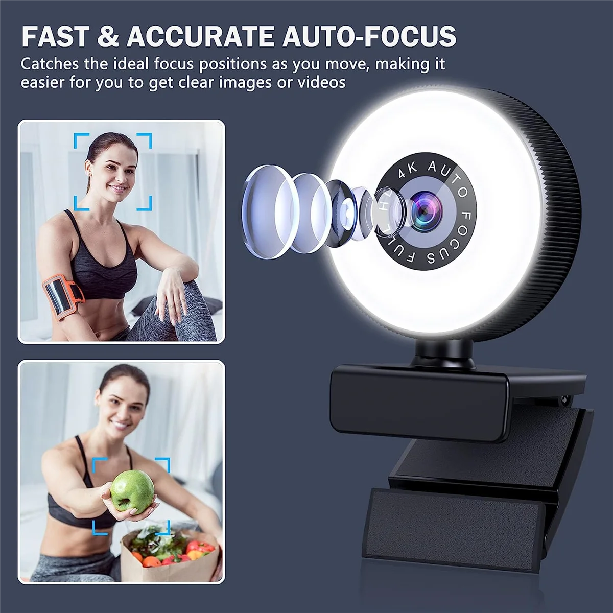 CMB-p4K HD Autofocus Webcam with Microphone, Adjustable Light Computer Camera USB Webcam for Laptop Desktop Video