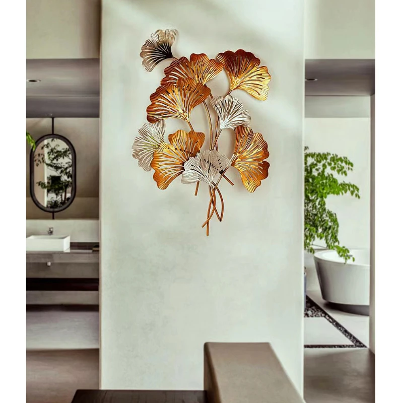 Ginkgo Leaf Golden Pendant, Iron Wall Hanging, Luxury Wall Decoration, Living Room TV Background Art, Gold Metal Deco, Easy Fix