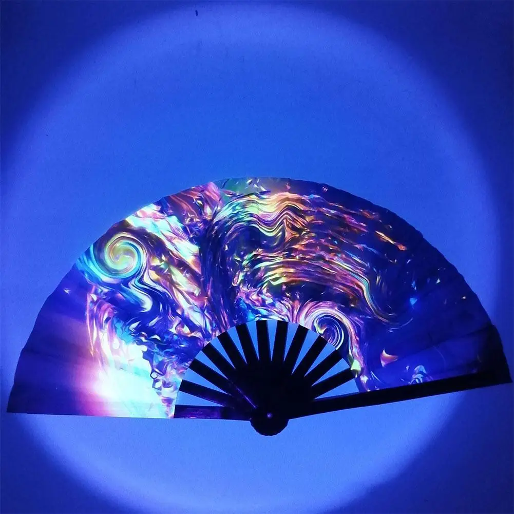 33cm Large Folding Hand Rave Fan Chinease/Japanese Gradient Colorful Reflective Foldable Fan Music Festival Fan Dance Fan Gifts