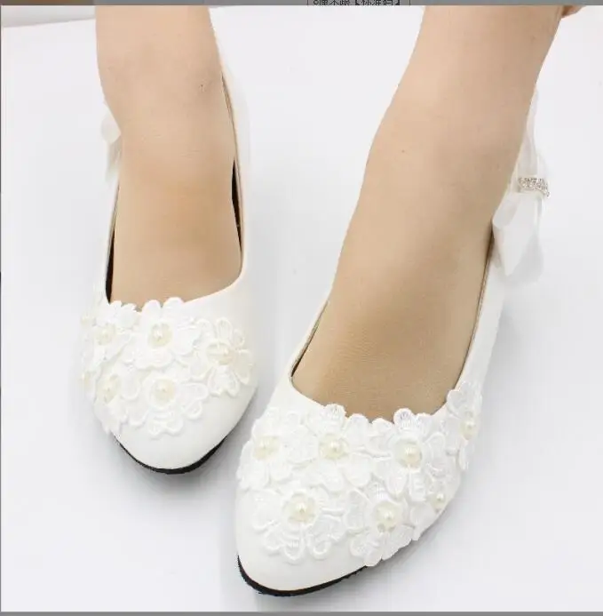 New Women Fashion Bow White Shoes High Heel Pearl flower Wedding Shoes Square Heel Wedding Shoes Bridesmaid bowknot Shoes