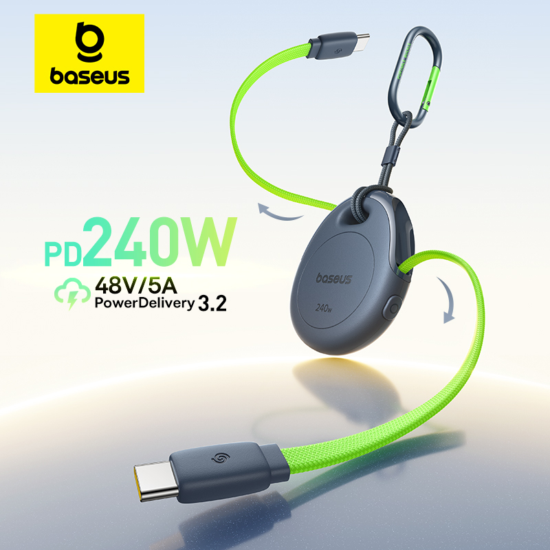  Baseus 240W One-Press Return Retractable Cable USB-C Type-C Fast Charging  Data Cable for iPhone MacBook with Carabiner Clip 