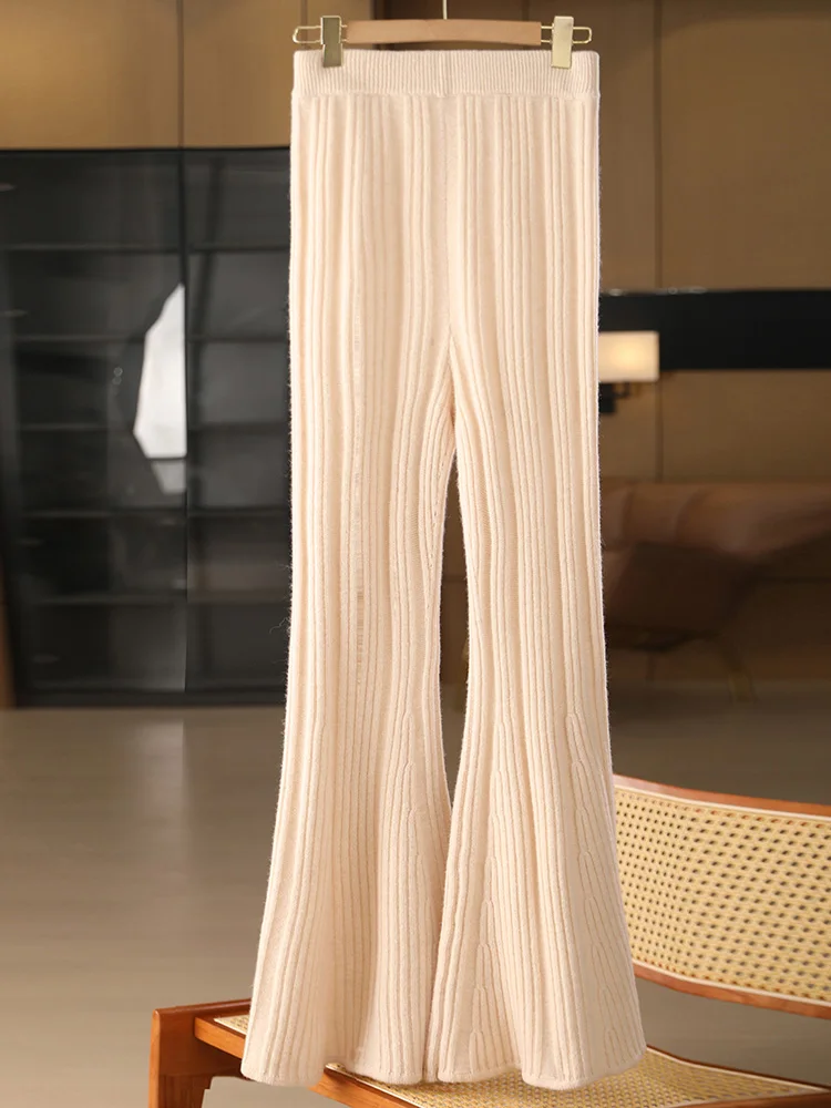 

New Chic Women 100% Merino Wool Knitted Flare Pants Autumn Winter Thick Striped Casual Style Cashmere Trousers Soft Warm Elegant