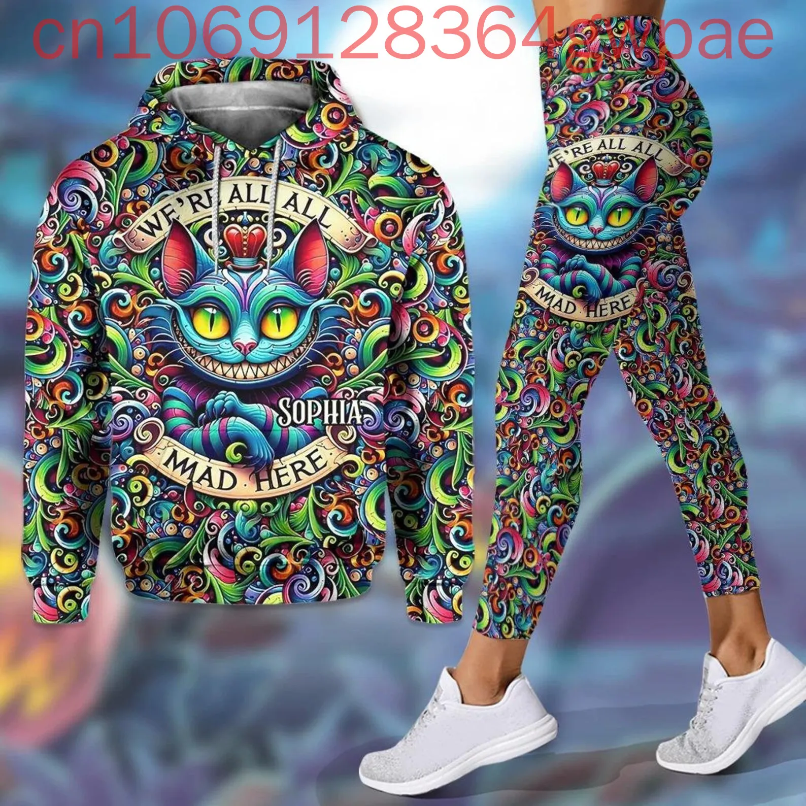 Disney Alice In Wonderland ผู้หญิง 3D Hoodie Legging ชุดลําลองผู้หญิงกางเกงโยคะเสื้อกันหนาวแฟชั่นชุดกีฬา