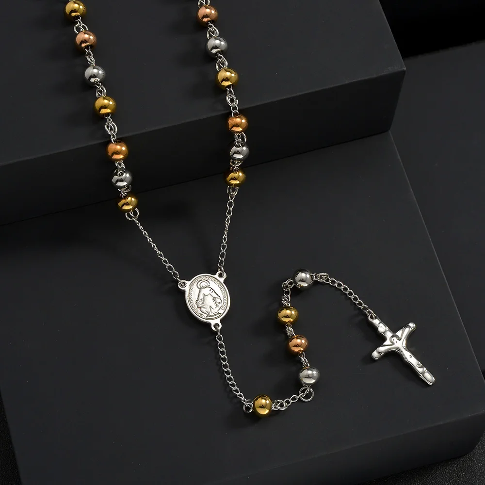 3/4/6mm Stainless Steel Religious Rosary Beads Necklace Saint Benedict Virgin Mary Christian Cross Pendants Faith Prayer Jewelry