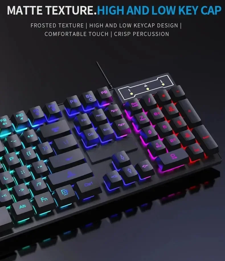 Teclado mecânico retroiluminado com 104 teclas, teclado para jogos com fio, à prova d'água, luminoso, conjunto de teclado e mouse para gamer, pc, laptop, escritório