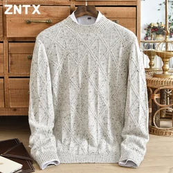 Pure cashmere sweater men's half high neck winter thick diamond striped knitted casual high-end sweater fashionable trend