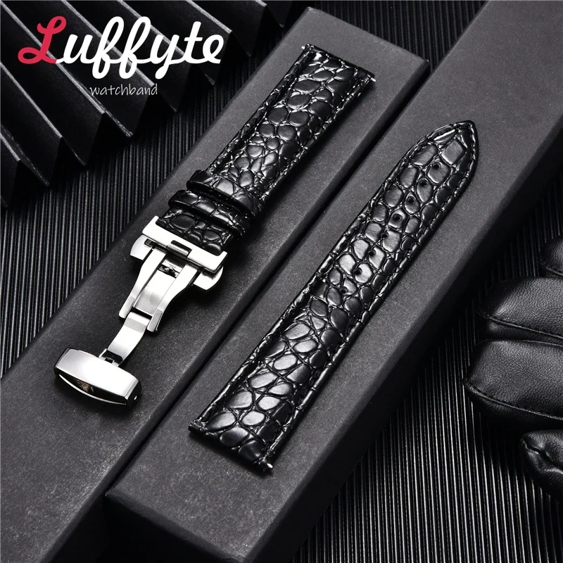 Crocodile Pattern Leather Watch Strap with Automatic Butterfly Clasp Men Leather Watch Band 18mm 20mm 22mm 24mm Straps