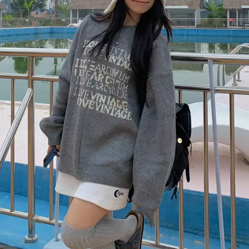 American Retro Letter O-Neck Sweaters Female Clothing Casual Loose Autumn Winter Long Sleeve Fashionable Basic Knitted Pullovers